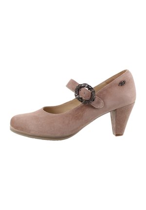 Rosa Wildleder Mary Jane Schuh mit mittelhohem Blockabsatz und dekorativer runder Metallschnalle am Riemen.