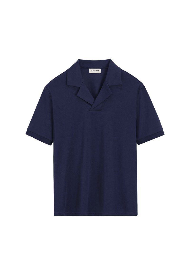 Polo shirt bleu marine à manches courtes avec un col classique et une petite ouverture en V, design uni.