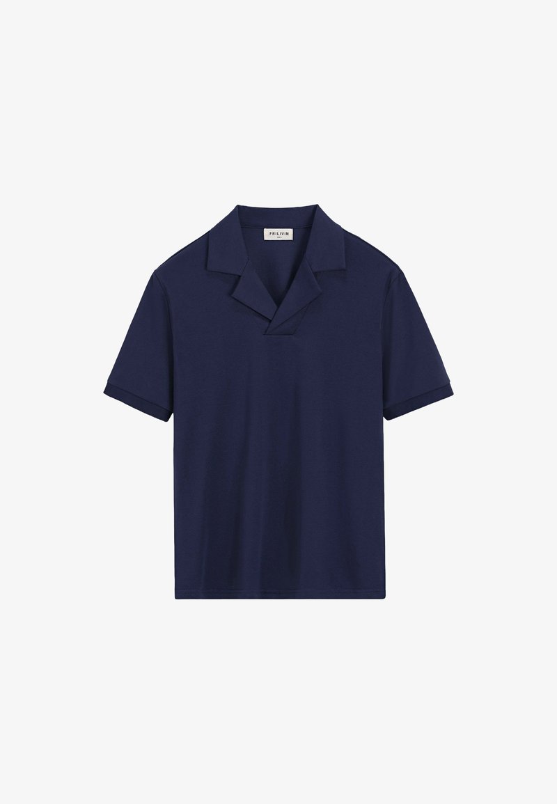 Polo shirt bleu marine à manches courtes avec un col classique et une petite ouverture en V, design uni.