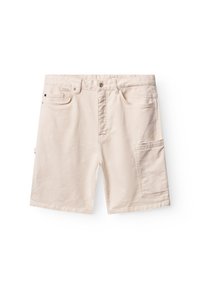 Beige cotton shorts with a straight cut, featuring two front pockets and a side cargo pocket. Simple design, durable fabric texture.