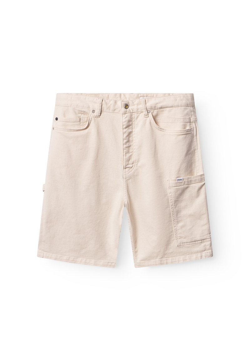 Beige cotton shorts with a straight cut, featuring two front pockets and a side cargo pocket. Simple design, durable fabric texture.