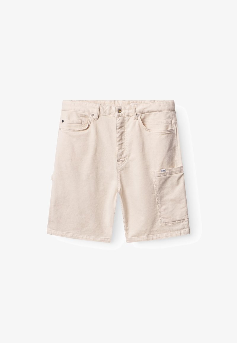 Beige cotton shorts with a straight cut, featuring two front pockets and a side cargo pocket. Simple design, durable fabric texture.