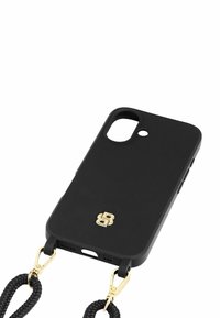 Juodas telefono dėklas su lygiu matiniu paviršiumi, su auksinėmis detalėmis ir pintomis juodomis juostomis nešimui. Iškirpos kamerai ir prievadams.