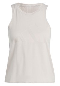 Canotta Adidas grigia chiara con tessuto texturizzato, scollo rotondo e un grande logo tono su tono sulla parte anteriore. Design senza maniche.