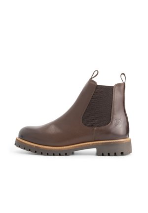 Bottines Chelsea en cuir marron avec panneau latéral élastique, languettes, semelle en caoutchouc et logo en relief sur le talon.