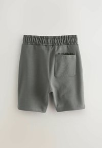 Grå bomullsshorts med elastisk midja, med en bakficka och svart "ALL SAINTS" text på vänster sida. Slät textur.