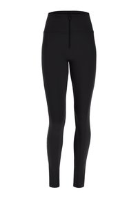 Leggings neri a vita alta con una texture liscia, dotati di una zip frontale e un design aderente. Adatti per l'abbigliamento sportivo o casual.
