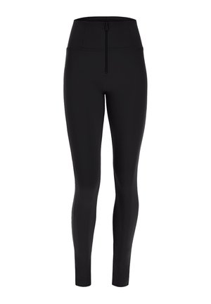 Leggings negros de cintura alta con una textura suave, que cuentan con una cremallera frontal y un diseño ajustado. Aptos para ropa de deporte o ropa casual.