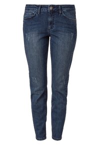 Tummansiniset farkut kapealla istuvuudella, joissa on hienovaraista kulutusta, viisi taskua ja edessä nappikiinnitys. Liukas pinta ja klassinen muotoilu.