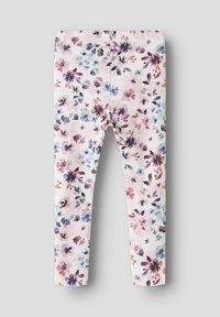 Legginsy w kwiaty z jasnoróżowym tłem i akwarelowym wzorem fioletowych, niebieskich i różowych kwiatów. Wykonane z miękkiego, elastycznego materiału.