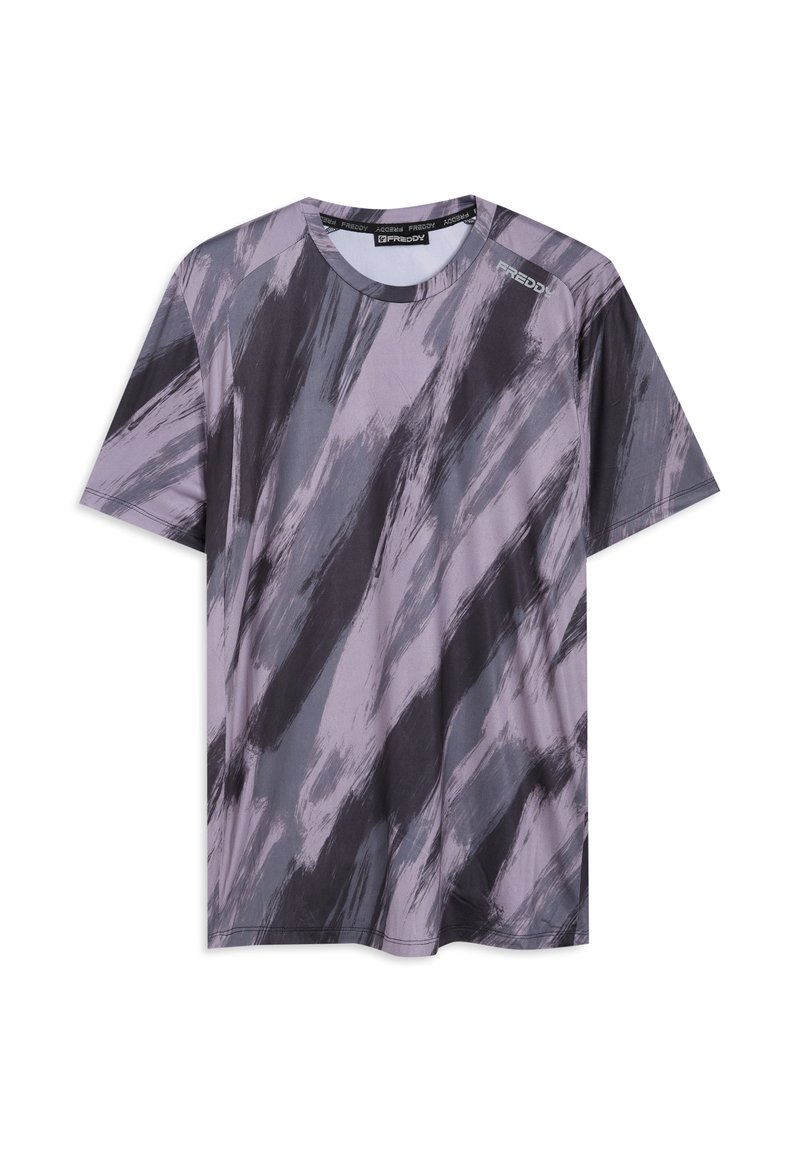 Camiseta de manga corta en púrpura y gris, con un patrón de pinceladas. Fabricada con tela ligera, cuello redondo y diseño deportivo.