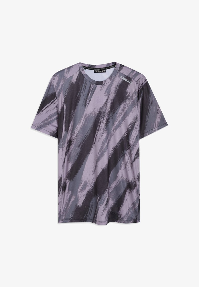 Camiseta de manga corta en púrpura y gris, con un patrón de pinceladas. Fabricada con tela ligera, cuello redondo y diseño deportivo.