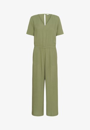 Combinaison verte olive à manches courtes, décolleté en V, taille élastique et pantalon évasé. Tissu doux et lisse ; sans motifs visibles.