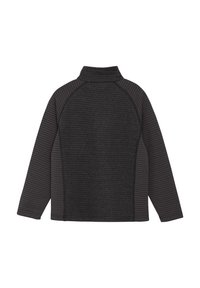 Grå tröja med hög krage, med ribbad textur på baksidan och randiga sidor. Långa ärmar och inga synliga knäppningar.