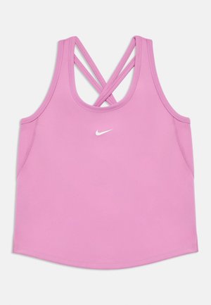 Pink sleeveless athletic tank top with crisscross straps at the back and a small white Nike swoosh logo on the front center.