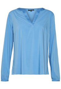 Blusa azzurra a maniche lunghe con scollatura a V e un sottile bordo plissettato sul colletto, realizzata in un tessuto liscio e leggero.