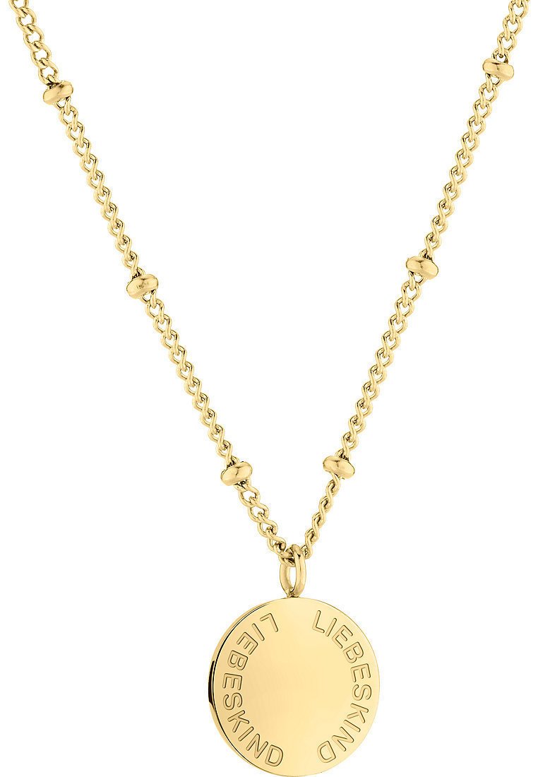 Collana in metallo dorato con pendente rotondo inciso con "LIEBESKIND", sostenuta da una delicata catena con accenti sferici.