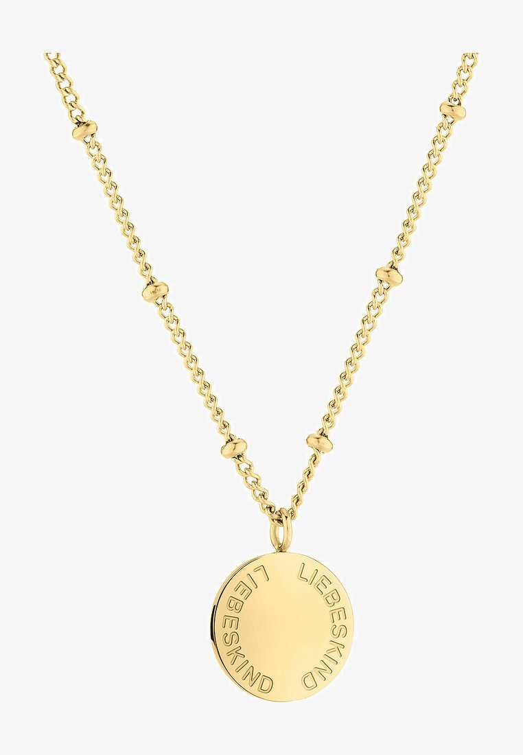Guldfarvet metal halskæde med en rund vedhæng, der er graveret med "LIEBESKIND," understøttet af en delikat kæde med sfæriske detaljer.