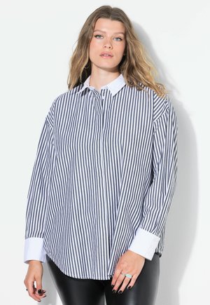 Camicia a righe blu navy e bianca, con colletto bianco, chiusura a bottoni e maniche lunghe. Il tessuto ha una texture liscia e una vestibilità comoda.