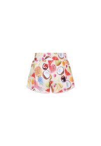 Witte shorts met fruitprint en een elastische tailleband, versierd met kleurrijke illustraties van verschillende vruchten zoals watermeloen, ananas en kokosnoot.