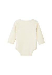 Cremefarbener langärmliger Baby-Body mit Raglanärmeln, von hinten vor einem weißen Hintergrund gezeigt.