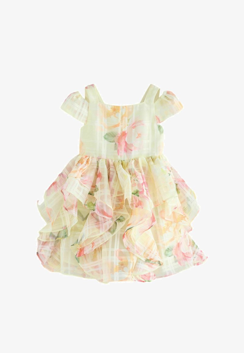 Robe fleurie vert clair avec accents roses et jaunes. Comprend une jupe à volants, des bretelles épaules dénudées et un motif à carreaux.