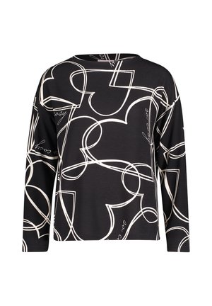 Zwart shirt met lange mouwen met een wit abstract hart- en lijnpatroon. Het materiaal lijkt glad en heeft een ontspannen pasvorm. Rondhals ontwerp.