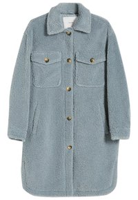 Faux shearling coat in light blue, featuring a collar, front button closure, two chest pockets, and a relaxed fit with a slightly textured surface.