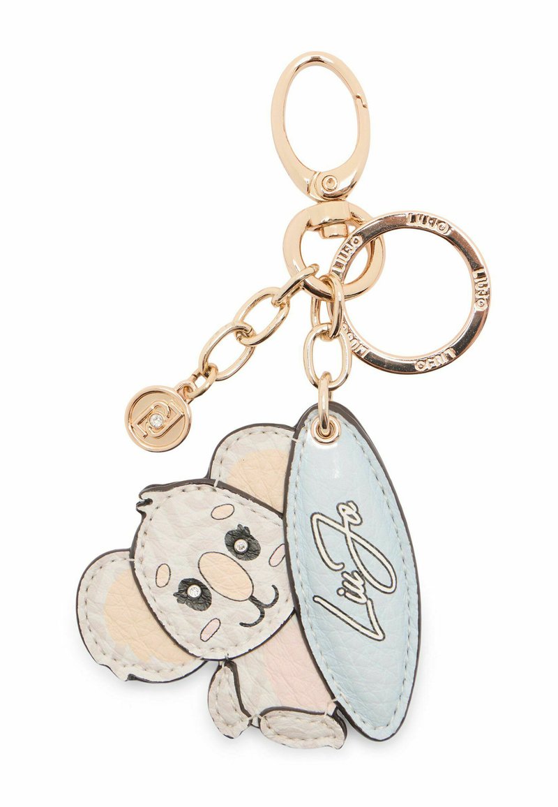 Læder-nøglehænger med et koala-design i pastelfarver og en lyseblå surfboard-accents. Guldfarvet hardware og detaljeret syning.