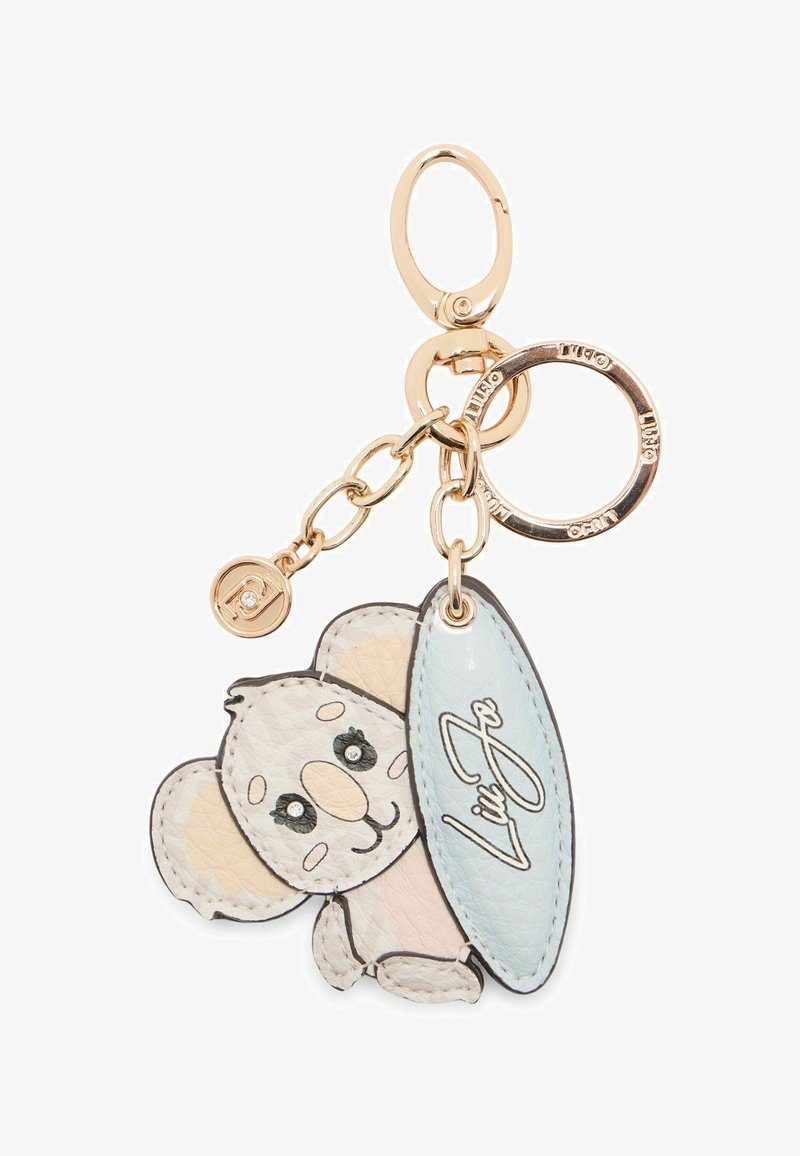 Læder-nøglehænger med et koala-design i pastelfarver og en lyseblå surfboard-accents. Guldfarvet hardware og detaljeret syning.