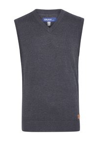Gilet en tricot sans manches gris foncé avec un col en V, un col et un ourlet côtelés, arborant un petit accent en cuir marron près du bas.