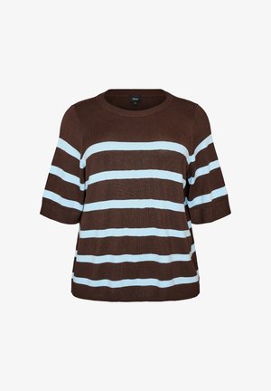 Zizzi, GESTREIFTES STRICKTOP MIT KURZEN ÄRMELN - Μπλουζάκι με στάμπα - braun