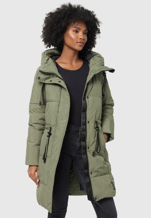 Olive green padded parka with a hood, drawstrings, front zipper, and pockets. Soft texture, mid-length design, featuring black accents.