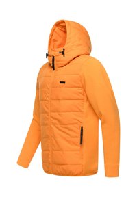 Orange padded jacket with a hood, featuring a zip closure, black accents, and side pockets. Made of mixed fabric for warmth and comfort.