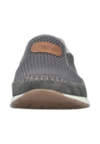 Gray mesh slip-on shoe with brown leather patch on top, white midsole, and tan rubber outsole shown from front view.