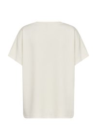 Cream short-sleeve t-shirt with a relaxed fit, round neckline, and smooth, soft texture. No visible patterns or hardware details.
