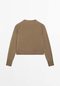 Brown cropped sweater made of soft knit material. Features a round neckline, long sleeves, and ribbed cuffs and hem. No visible logos.