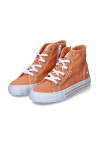 Hochtop-Sneaker aus hellorangefarbenem Canvas mit weißen Schnürsenkeln und Gummisohlen. Verfügt über einen seitlichen Reißverschluss und gestreifte Akzente an der Sohle.