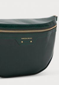 Zaļš ādas soma ar zelta rāvējslēdzēju. Noapaļota dizaina ar smalku šuvēm un zelta logotipa akcentu. Gluda tekstūra, minimālistisks stils.