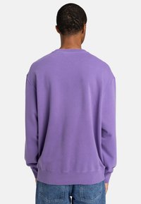 Felpa viola con vestibilit�à rilassata, scollatura rotonda e polsini a coste. Texture morbida, senza motivi, mostrata da dietro.