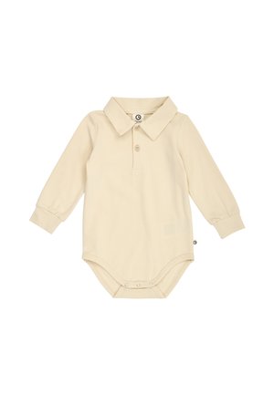 Beige langærmet babybody med krave, to forreste knapper og tre trykknapper i skridtet for nem bleudskiftning.