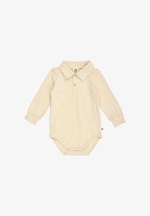 Beige langærmet babybody med krave, to forreste knapper og tre trykknapper i skridtet for nem bleudskiftning.