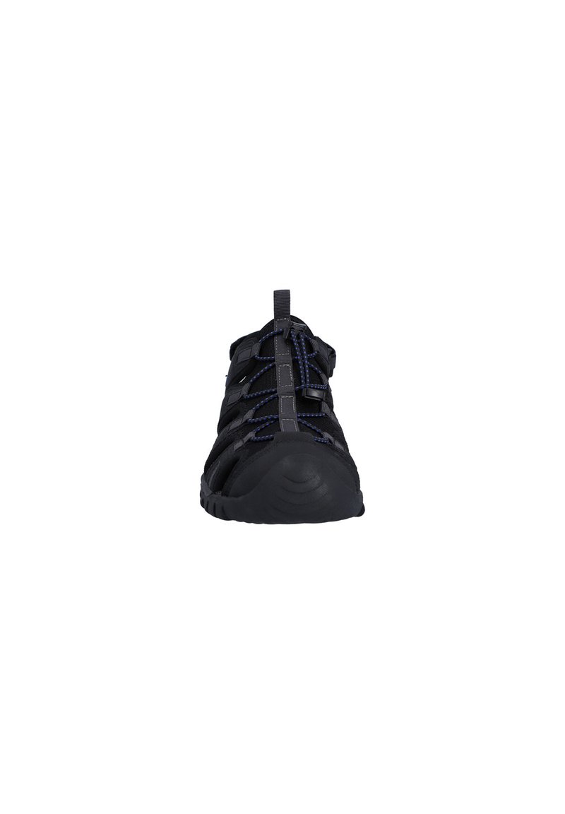 Zapato de agua negro con suela texturizada, correas ajustables con acentos azules y una tira en la parte trasera para facilitar el ajuste.