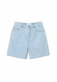 Shorts de mezclilla de color azul claro con cintura alta, dos bolsillos frontales y cierre de botón. Presenta un ligero desvanecimiento y un corte relajado.