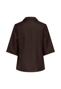 Veste marron foncé à manches courtes avec col, vue de dos sur fond blanc.