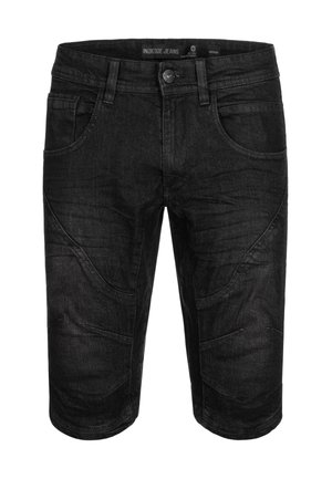 Shorts en denim noir au design ajusté, avec cinq poches et des détails en panneaux texturés, dotés d'une fermeture à bouton et de passants de ceinture.