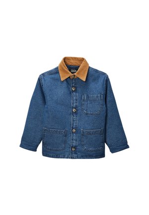 Veste en jean avec un col en velours côtelé marron, cinq boutons à l'avant, deux poches et des manches longues. Denim bleu avec une texture légèrement délavée.