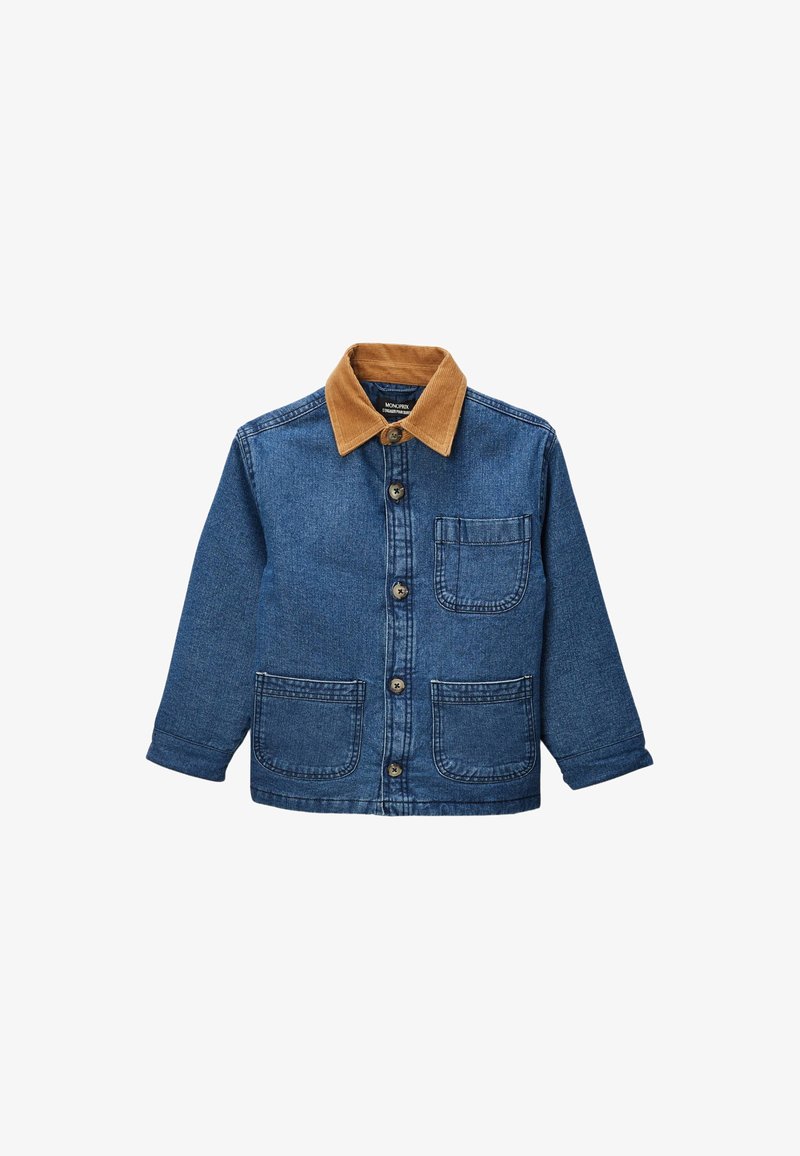 Veste en jean avec un col en velours côtelé marron, cinq boutons à l'avant, deux poches et des manches longues. Denim bleu avec une texture légèrement délavée.