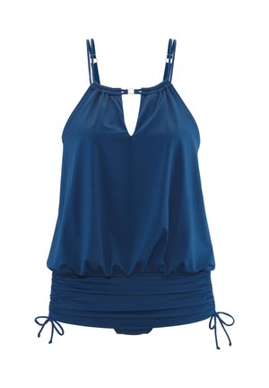 Navyblaues Tankini-Oberteil mit verstellbaren Schultergurten, Schlüsselloch vorne und gerafften Seiten, die mit kleinen Schleifen gebunden sind.
