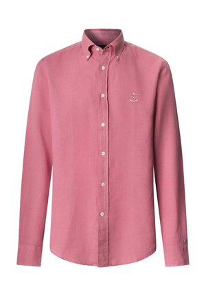 Chemise pour homme à manches longues avec boutons, en rose doux, col à boutons et petit logo brodé blanc sur la poitrine gauche.